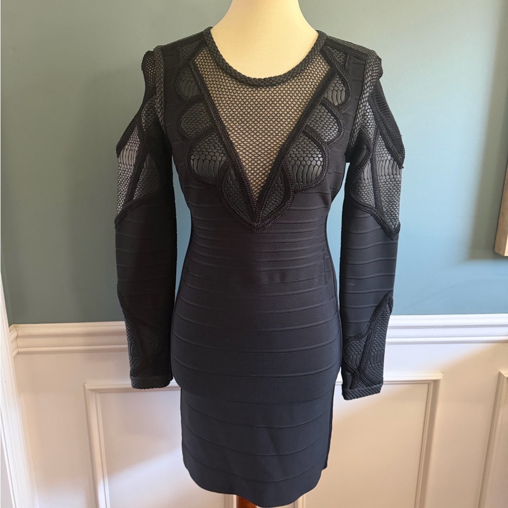 Herve Leger Black Long Sleeve Mesh Dress